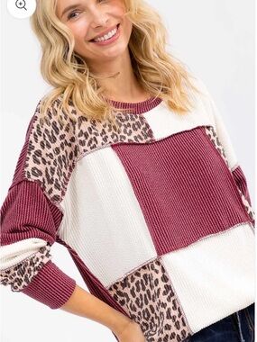 7th Ray Maroon White and Leopard Patchwork Sweater